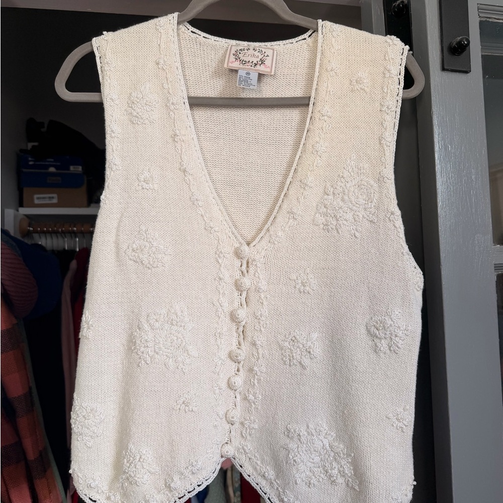 Erika Cream Knit Floral Button Vest